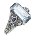 Art Deco style, Blue Topaz, Sapphire, sterling silver rings, front view
