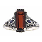 Detail view of Art Deco Style Garnet Filigree Ring w/ Sapphire Accents highlighting Garnet, Sapphire