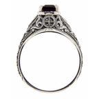 Back view of Art Deco Style Garnet Filigree Ring w/ Sapphire Accents showing 925 sterling silver hallmark
