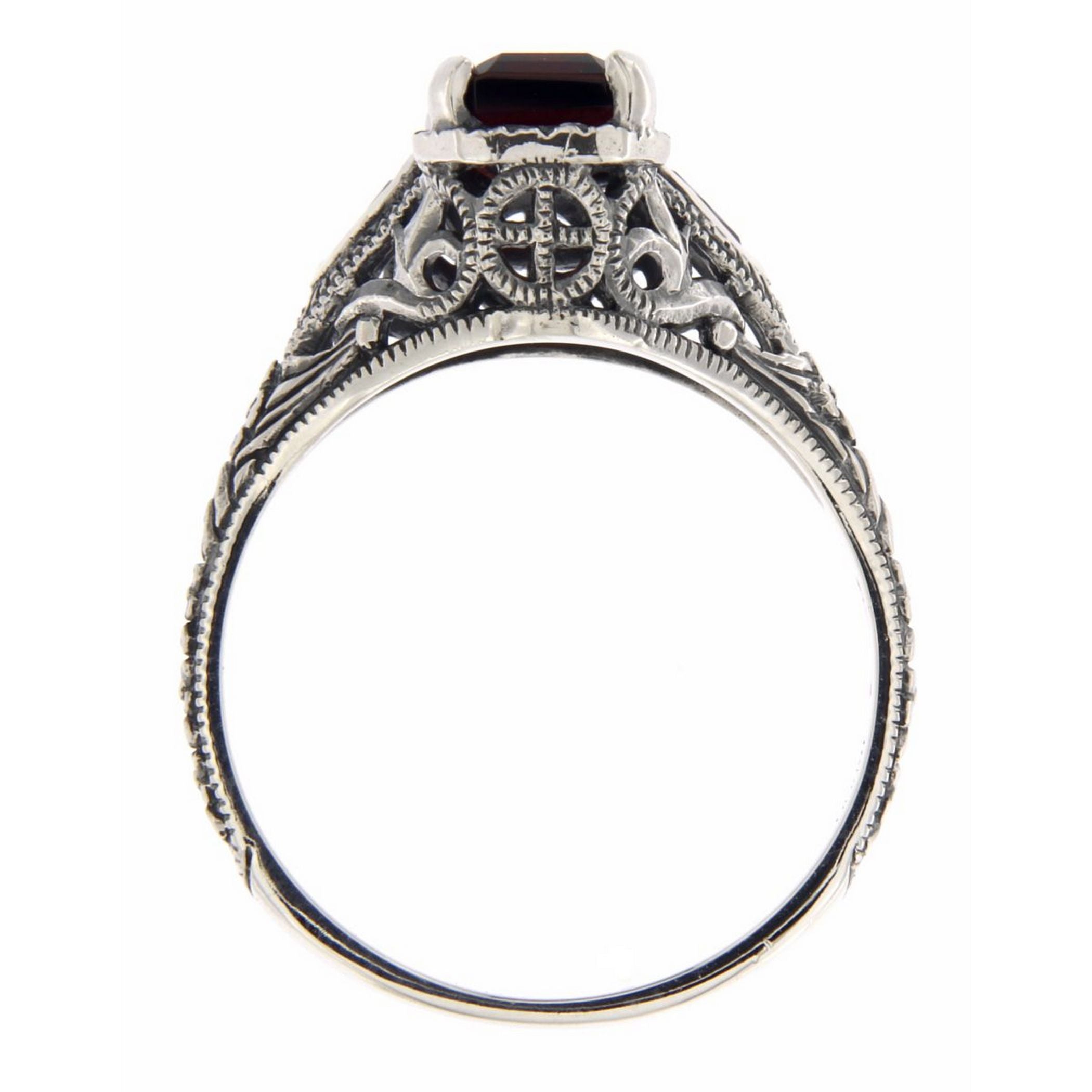 Back view of Art Deco Style Garnet Filigree Ring w/ Sapphire Accents showing 925 sterling silver hallmark