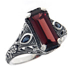 Art Deco style, Garnet, Sapphire, sterling silver rings, front view