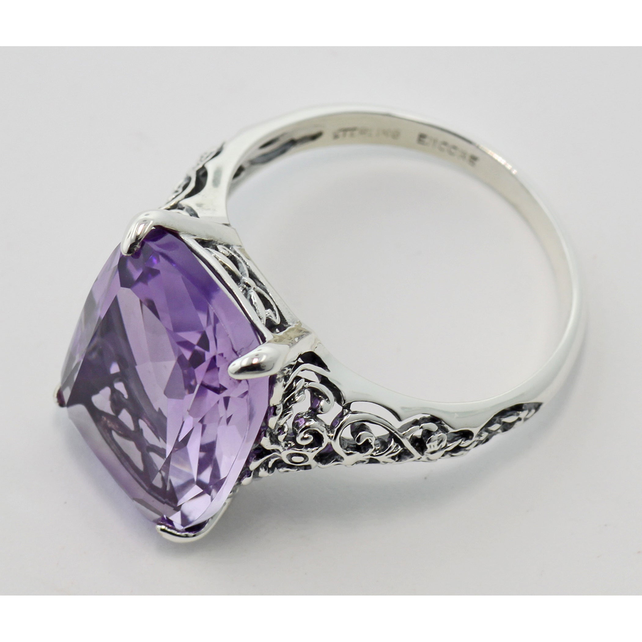 Back view of Fantastic Victorian Style Amethyst Filigree Ring showing 925 sterling silver hallmark