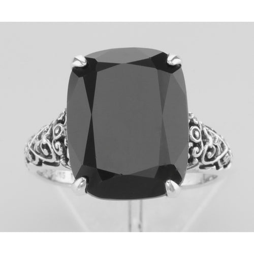 Back view of Antique Style Black Onyx Filigree Ring showing 925 sterling silver hallmark