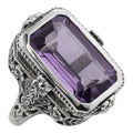 Filigree, Amethyst, sterling silver rings, front view