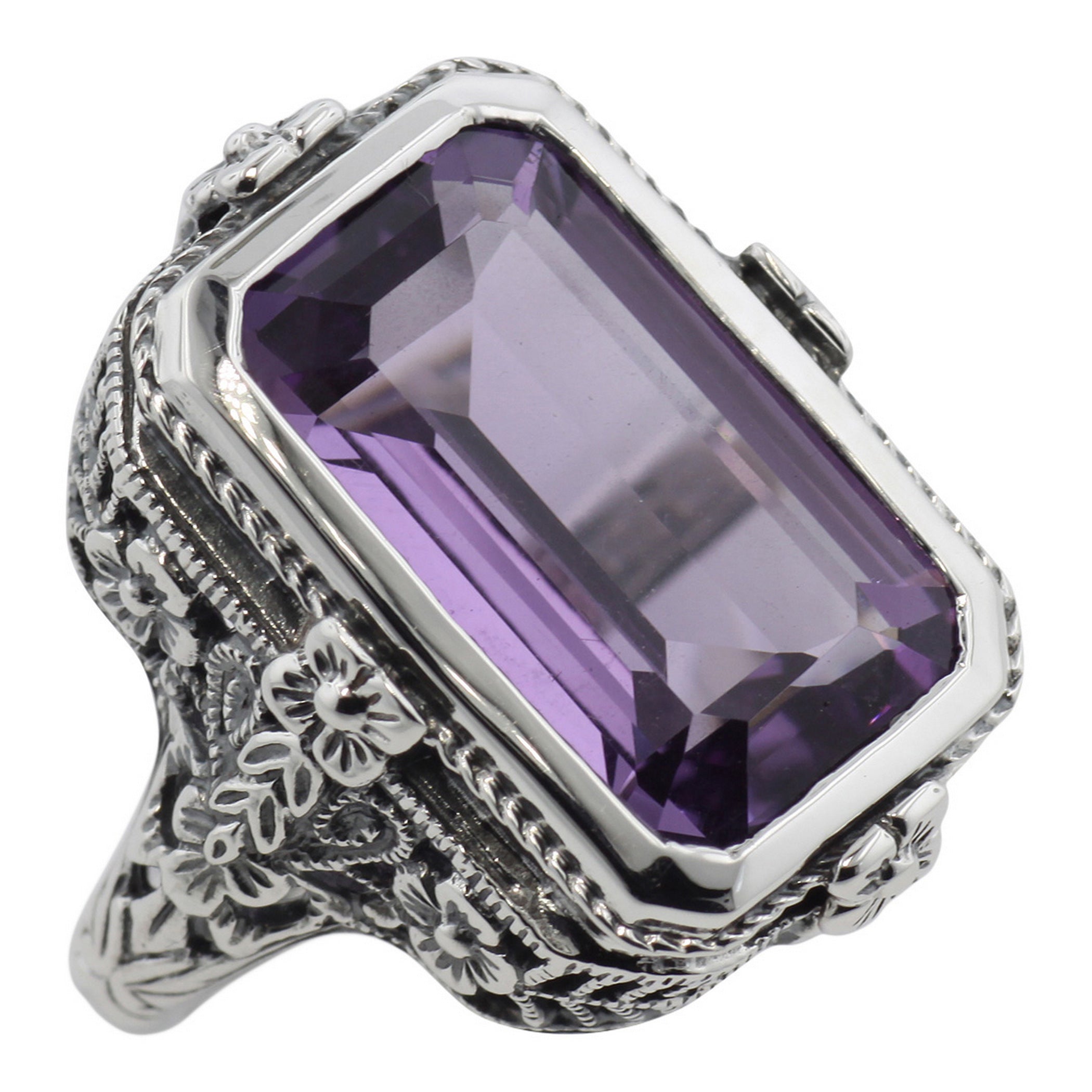 Filigree, Amethyst, sterling silver rings, front view