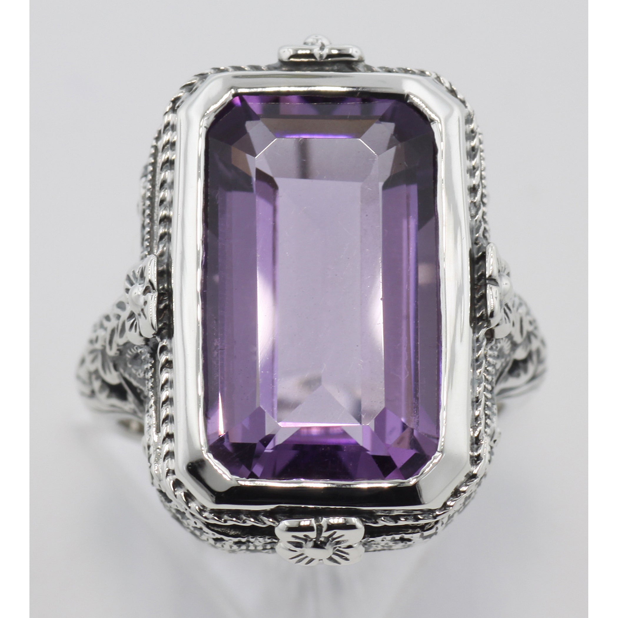 Back view of 5.5 Carat Amethyst Filigree Ring showing 925 sterling silver hallmark