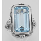 Detail view of Victorian Style 5.5 Carat Blue Topaz Filigree Ring highlighting Blue Topaz