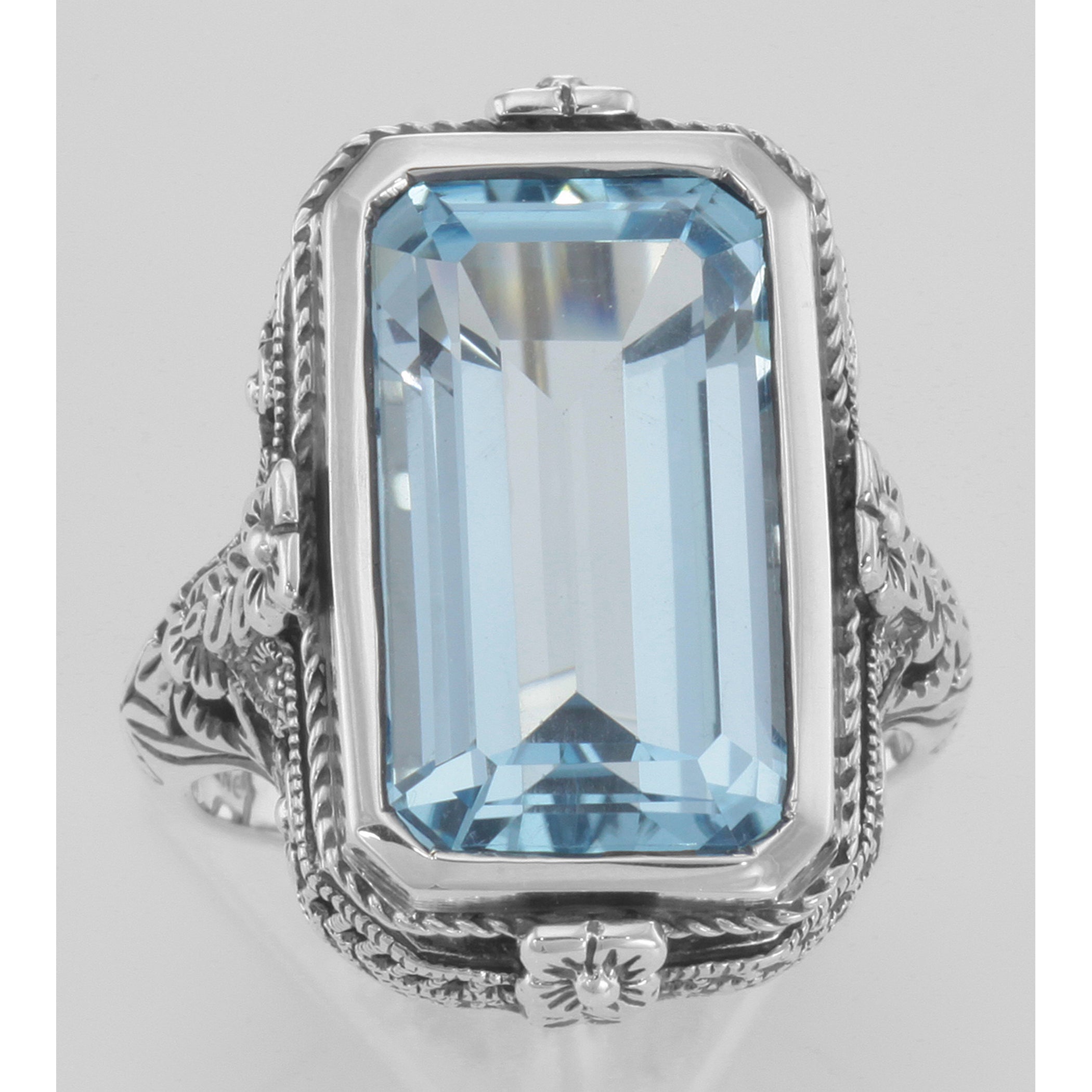 Detail view of Victorian Style 5.5 Carat Blue Topaz Filigree Ring highlighting Blue Topaz