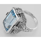 Back view of Victorian Style 5.5 Carat Blue Topaz Filigree Ring showing 925 sterling silver hallmark