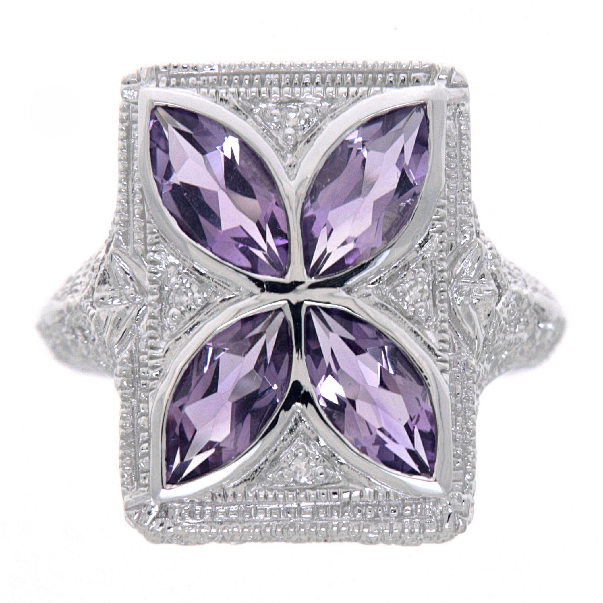 Detail view of Art Deco Style Filigree Ring w/ amethyst diamond highlighting Amethyst, Diamond