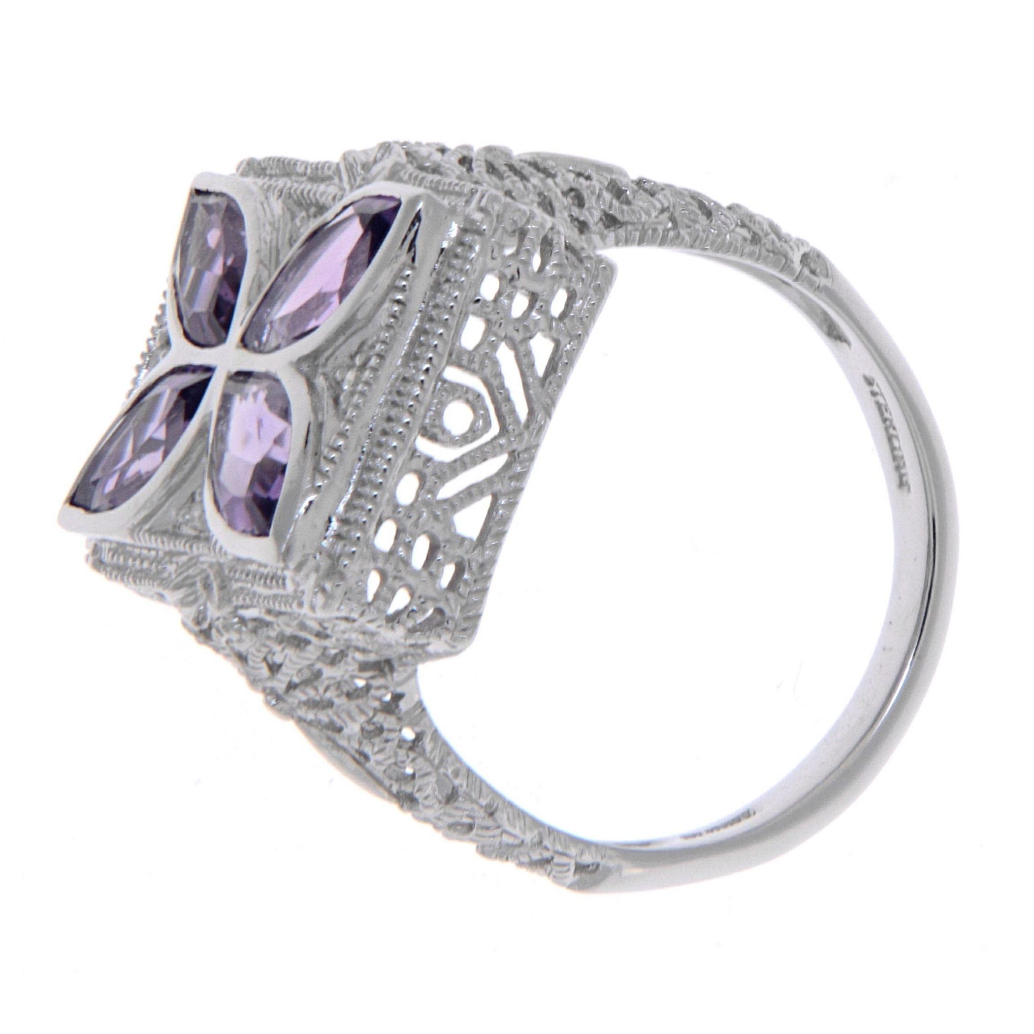 Back view of Art Deco Style Filigree Ring w/ amethyst diamond showing 925 sterling silver hallmark