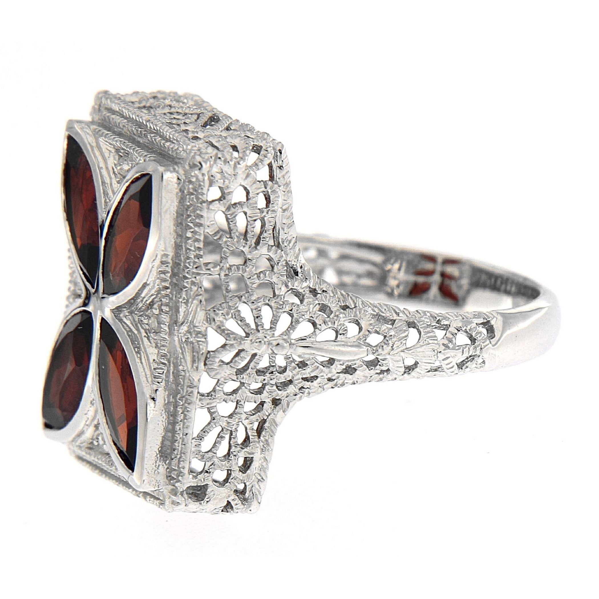 Back view of Art Deco Style 4 Stone Garnet Diamond Ring showing 925 sterling silver hallmark