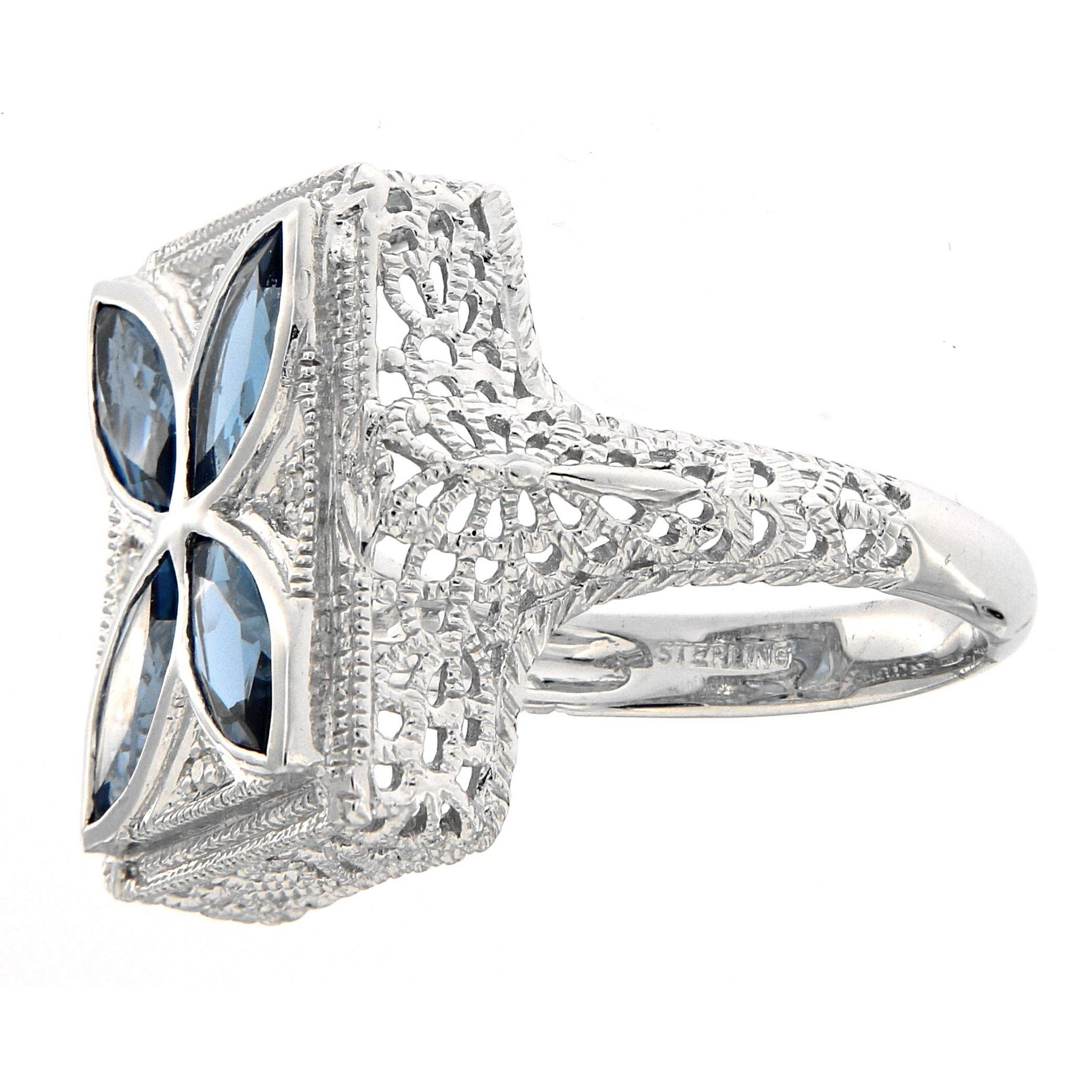Detail view of Art Deco Style Filigree Ring w/ London Blue Topaz diamond Sterling Silver highlighting Blue Topaz, London Blue