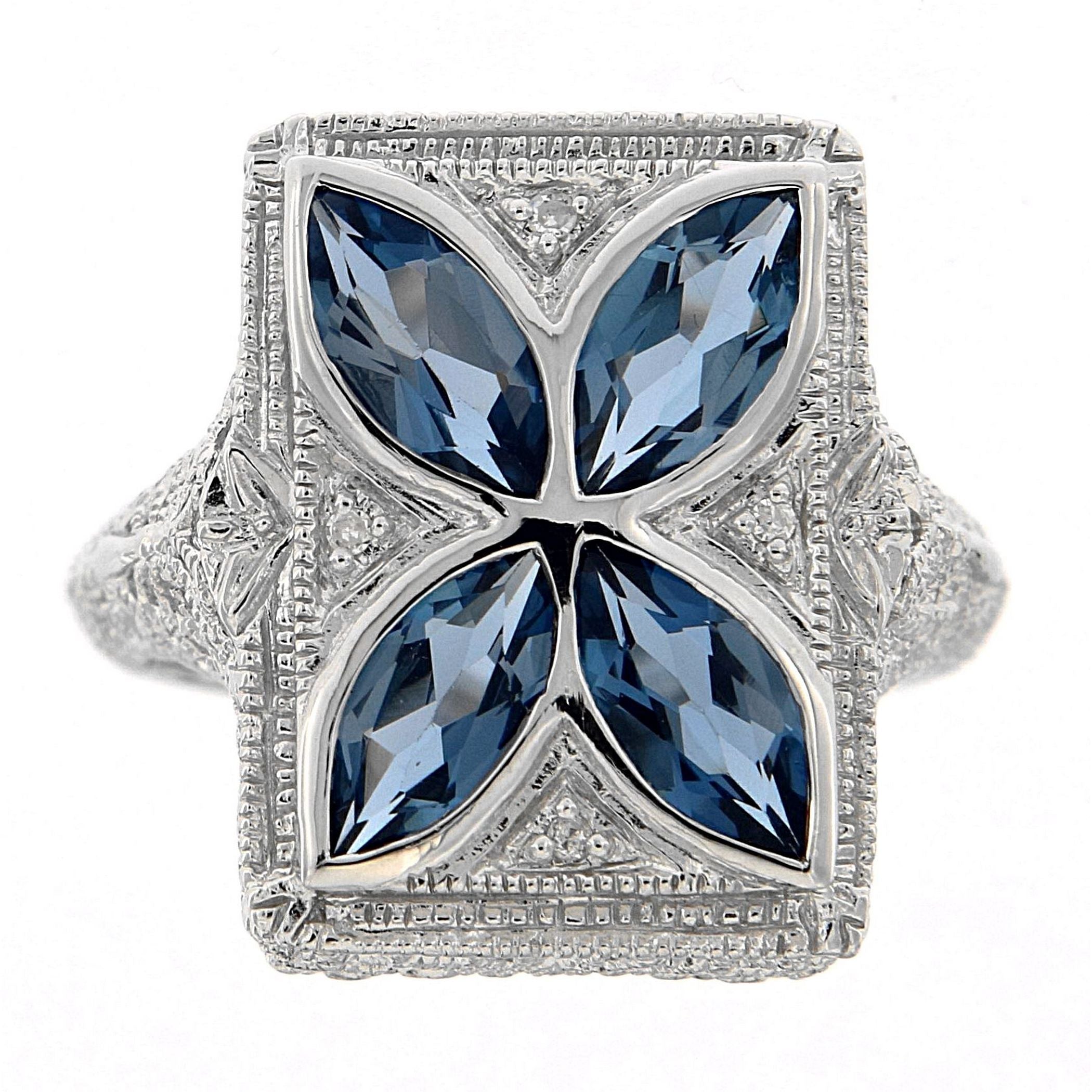Back view of Art Deco Style Filigree Ring w/ London Blue Topaz diamond Sterling Silver showing 925 sterling silver hallmark