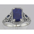 Back view of Art Deco Style Lapis lazuli Filigree Ring Sapphire Accents Sterling Silver showing 925 sterling silver hallmark