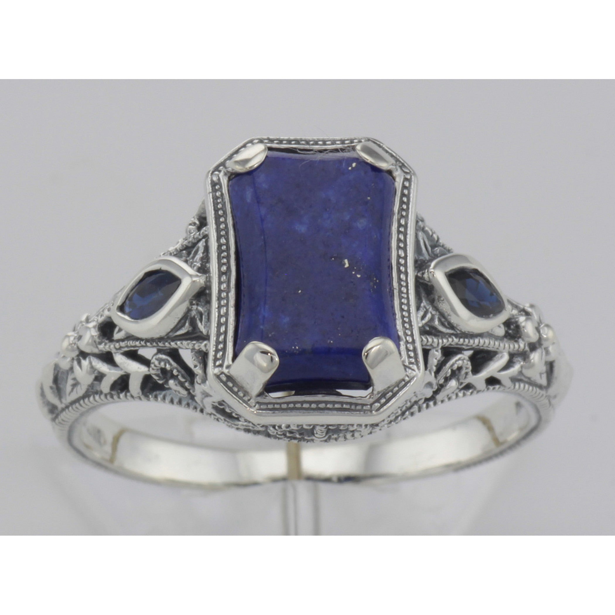 Back view of Art Deco Style Lapis lazuli Filigree Ring Sapphire Accents Sterling Silver showing 925 sterling silver hallmark