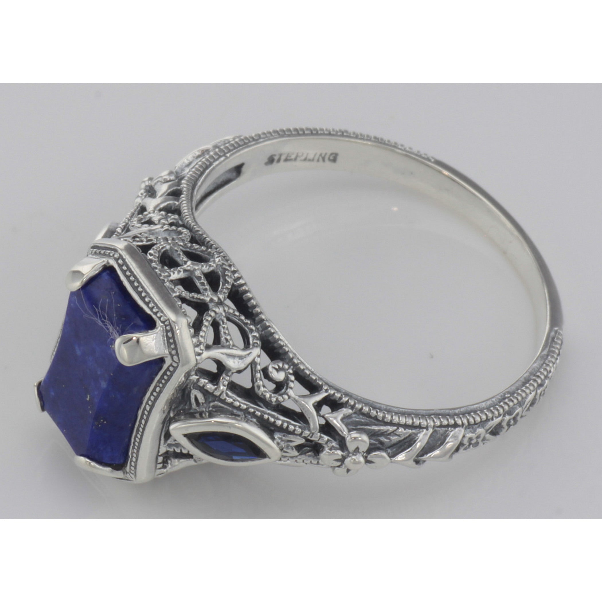 Detail view of Art Deco Style Lapis lazuli Filigree Ring Sapphire Accents Sterling Silver highlighting Sapphire, Lapis