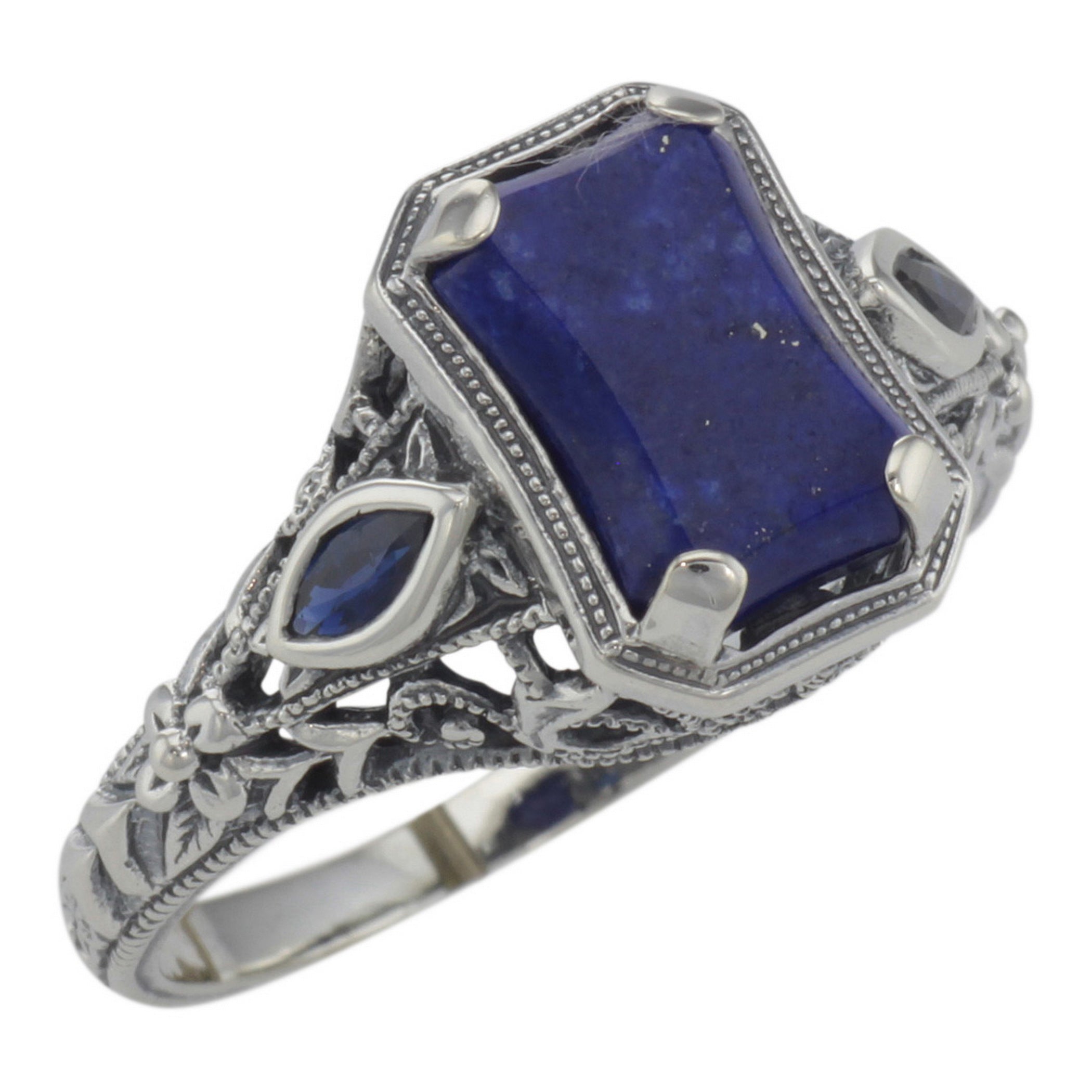 Art Deco style, Sapphire, Lapis, sterling silver rings, front view