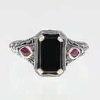 Detail view of Art Deco Style Black Onyx Filigree Ring w/ Ruby Accents highlighting Ruby, Black Onyx