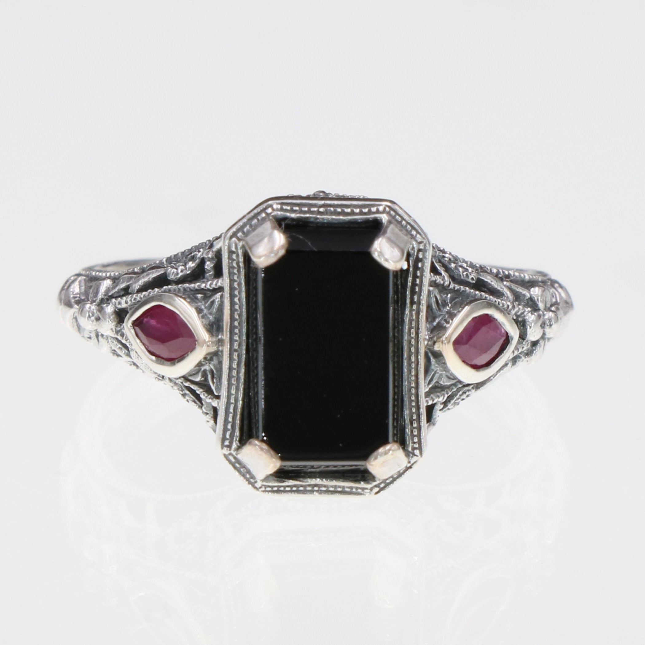 Detail view of Art Deco Style Black Onyx Filigree Ring w/ Ruby Accents highlighting Ruby, Black Onyx