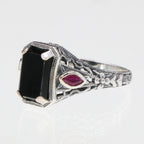 Back view of Art Deco Style Black Onyx Filigree Ring w/ Ruby Accents showing 925 sterling silver hallmark