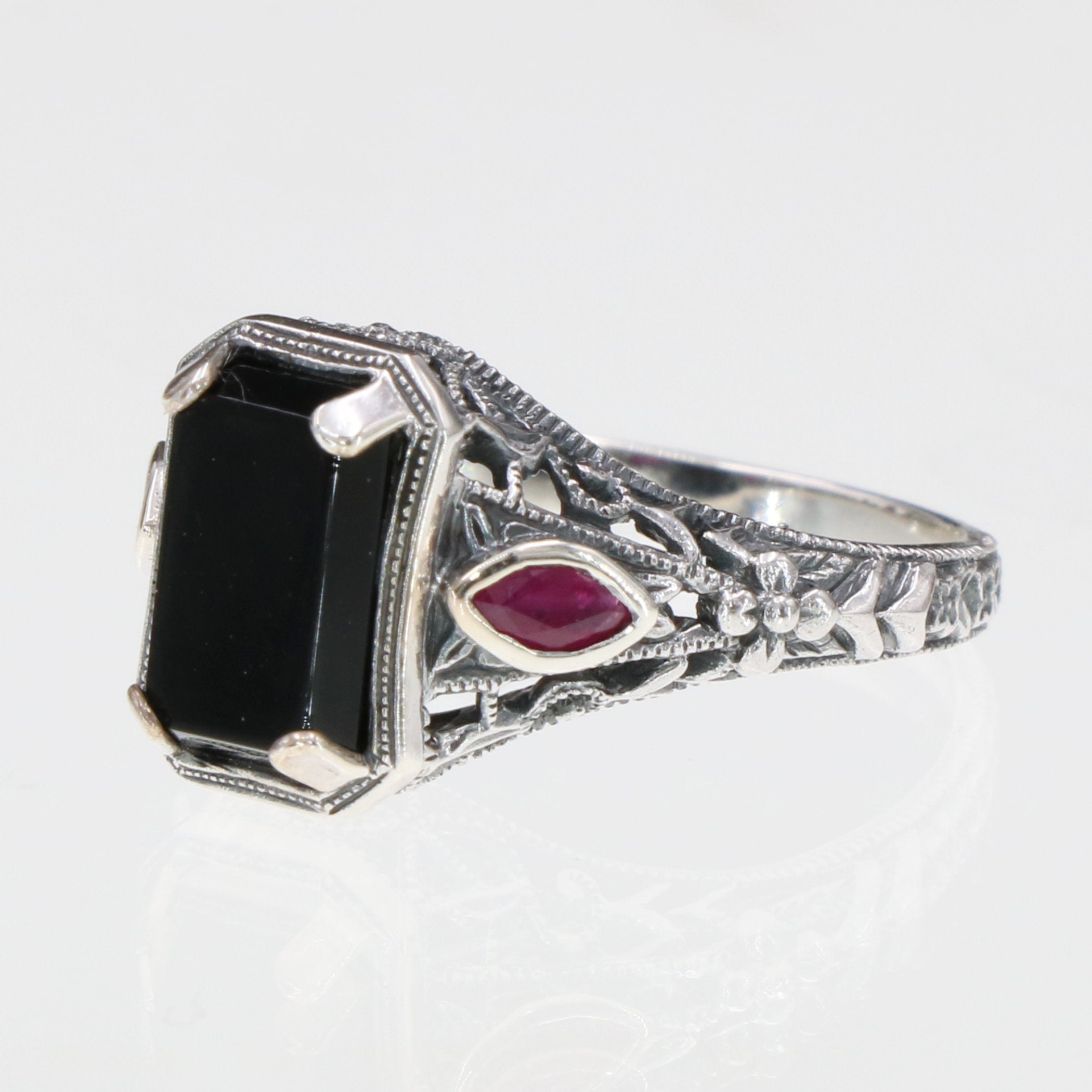 Back view of Art Deco Style Black Onyx Filigree Ring w/ Ruby Accents showing 925 sterling silver hallmark