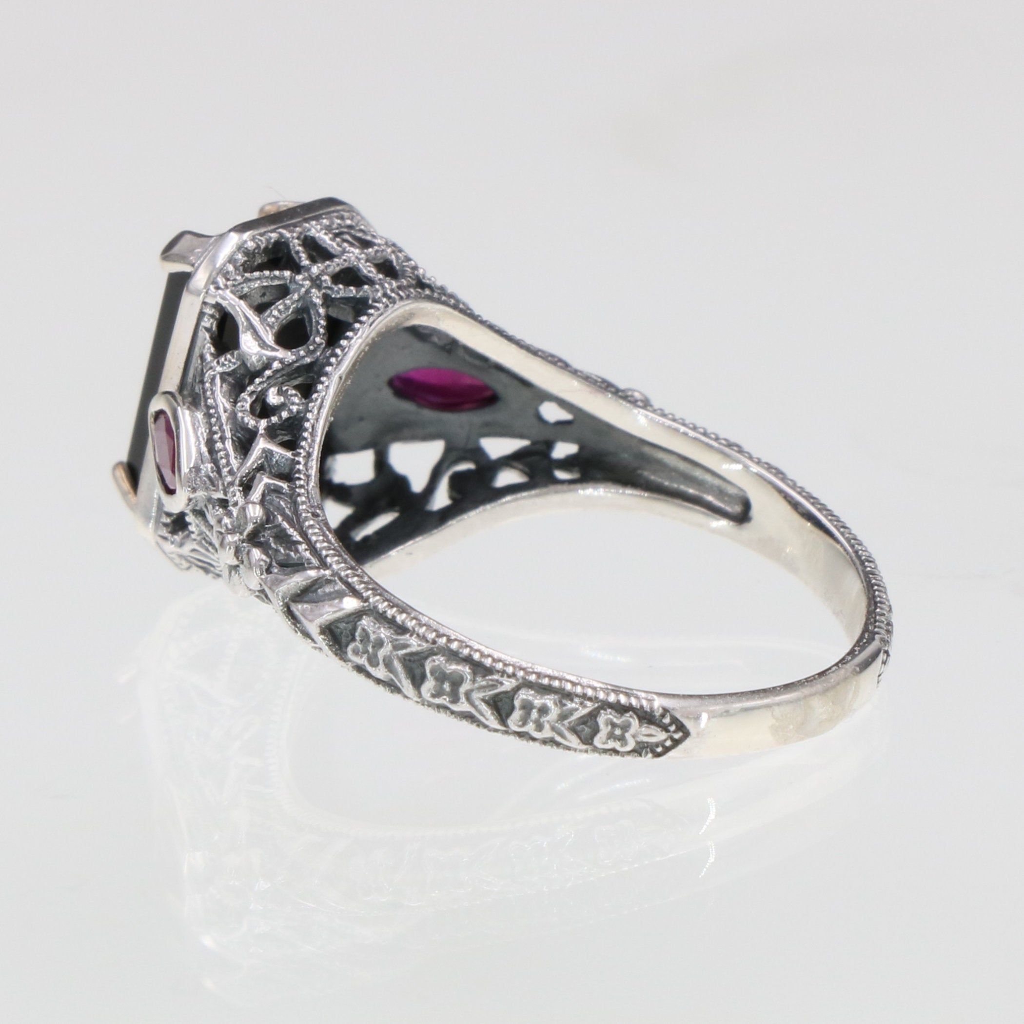 Detail view of Art Deco Style Black Onyx Filigree Ring w/ Ruby Accents highlighting Ruby, Black Onyx