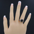 Detail view of Art Deco Style Black Onyx Filigree Ring w/ Ruby Accents highlighting Ruby, Black Onyx