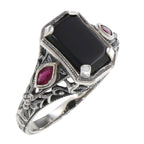 Art Deco style, Ruby, Black Onyx, sterling silver rings, front view