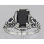 Detail view of Art Deco Style Black Onyx Filigree Ring Sapphire Accents Sterling Silver highlighting Sapphire, Black Onyx