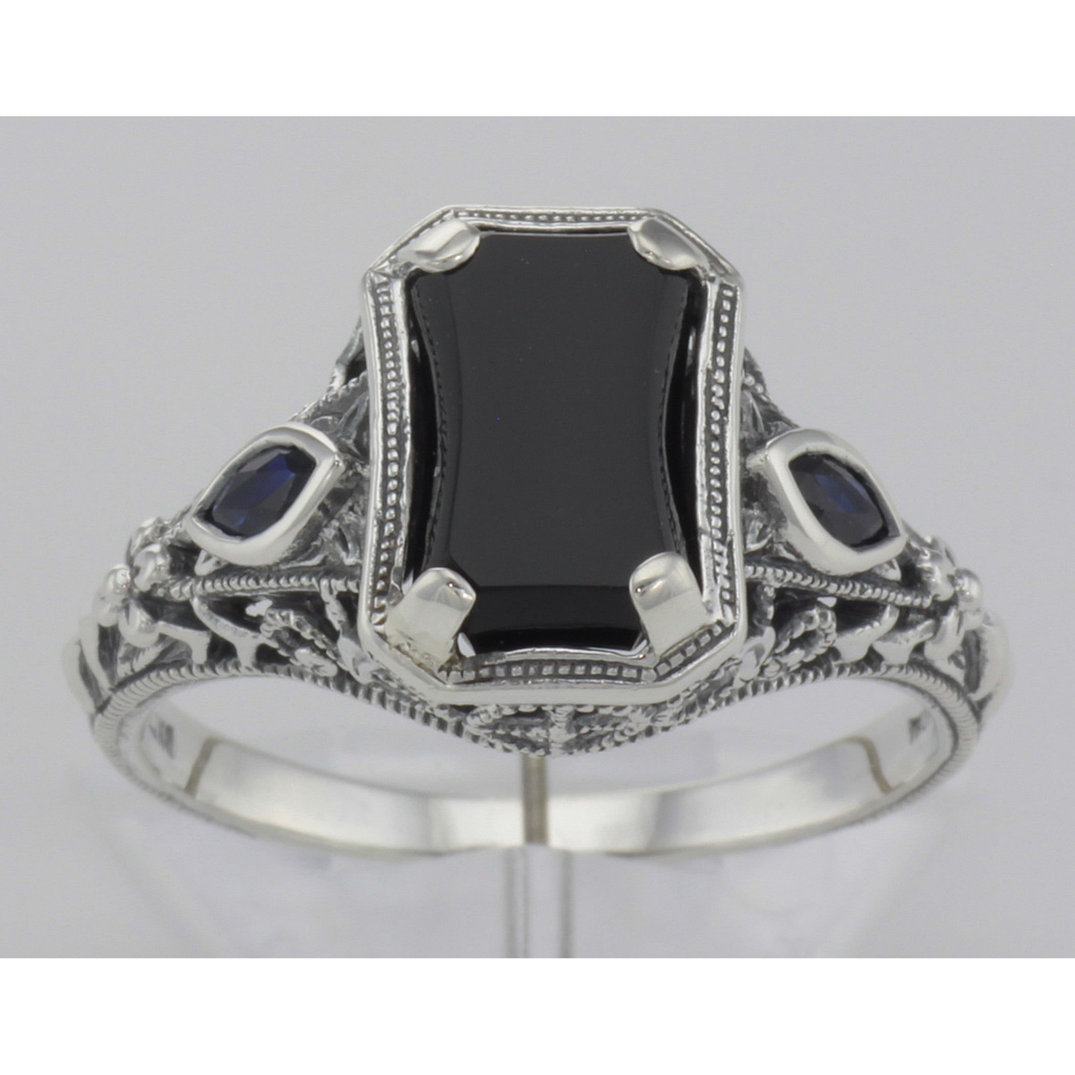 Detail view of Art Deco Style Black Onyx Filigree Ring Sapphire Accents Sterling Silver highlighting Sapphire, Black Onyx