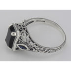 Back view of Art Deco Style Black Onyx Filigree Ring Sapphire Accents Sterling Silver showing 925 sterling silver hallmark