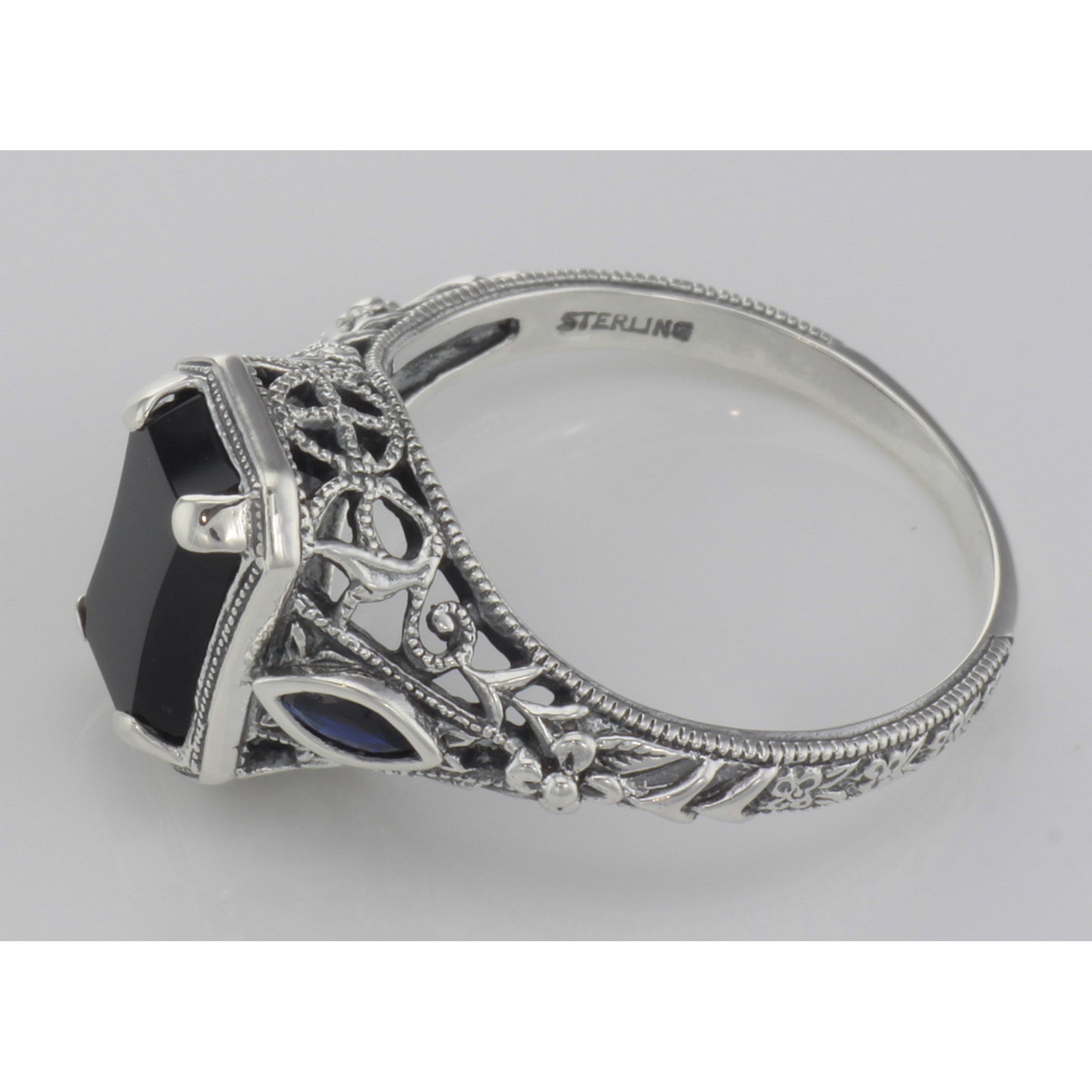 Back view of Art Deco Style Black Onyx Filigree Ring Sapphire Accents Sterling Silver showing 925 sterling silver hallmark