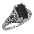 Art Deco style, Sapphire, Black Onyx, sterling silver rings, front view