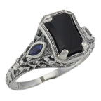 Art Deco style, Sapphire, Black Onyx, sterling silver rings, front view