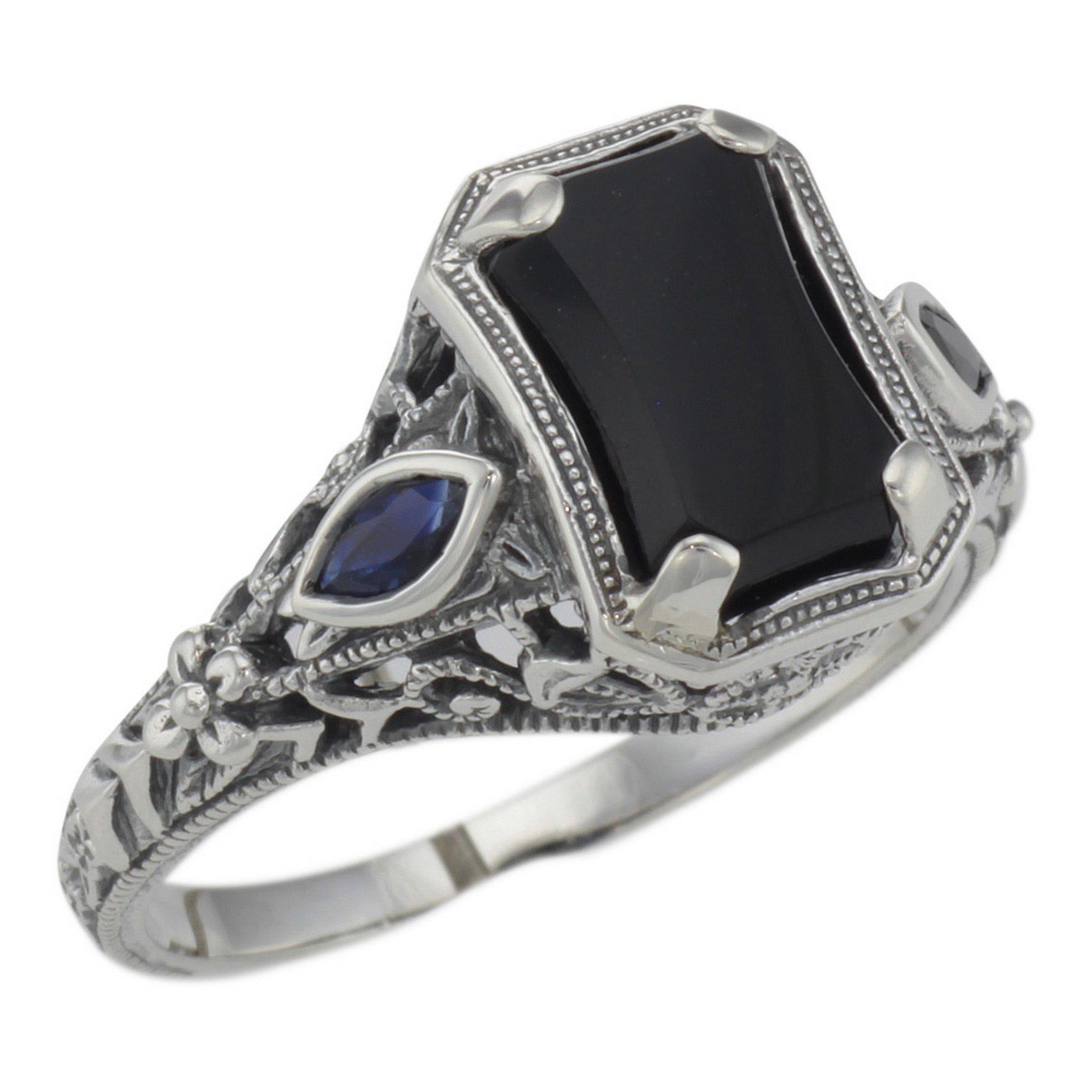 Art Deco style, Sapphire, Black Onyx, sterling silver rings, front view