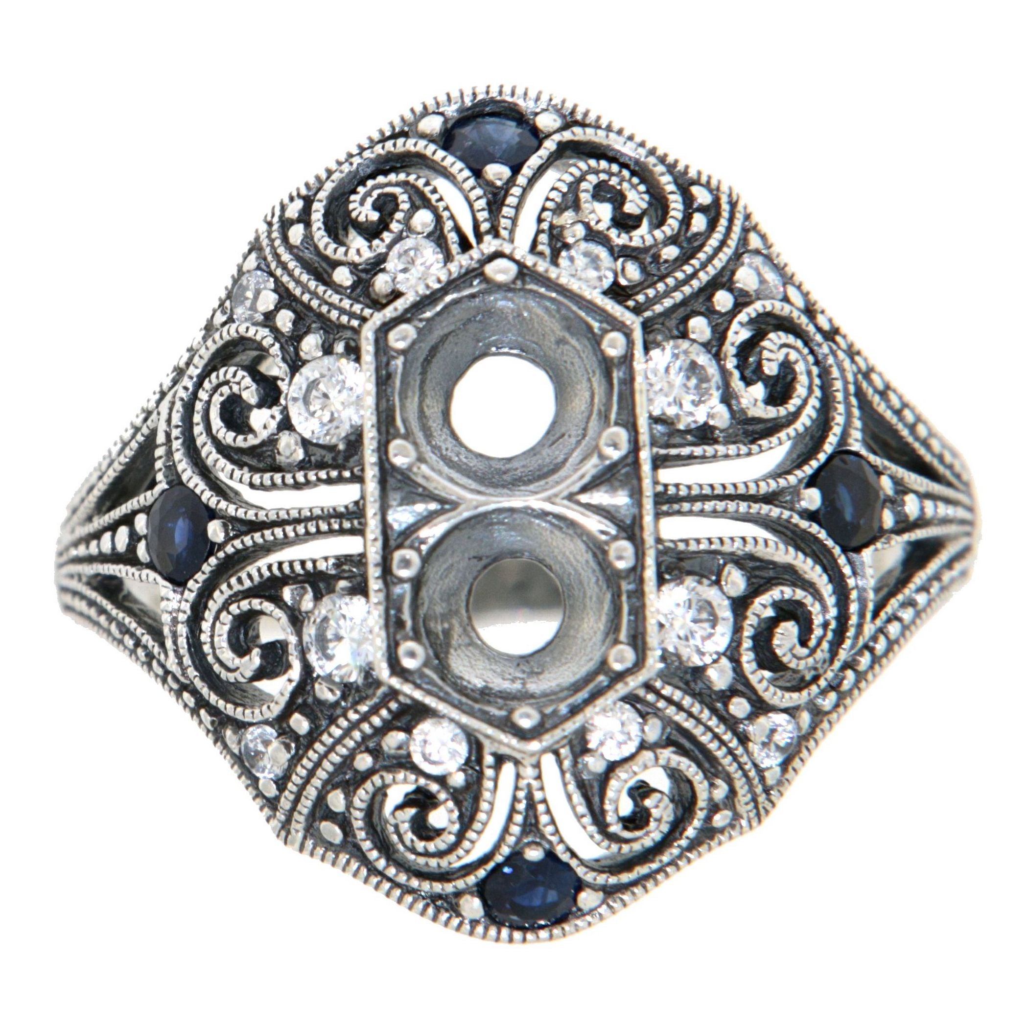 Detail view of 4.5mm Semi Mount / Sapphire Filigree Ring / White Topaz highlighting White Topaz, Sapphire