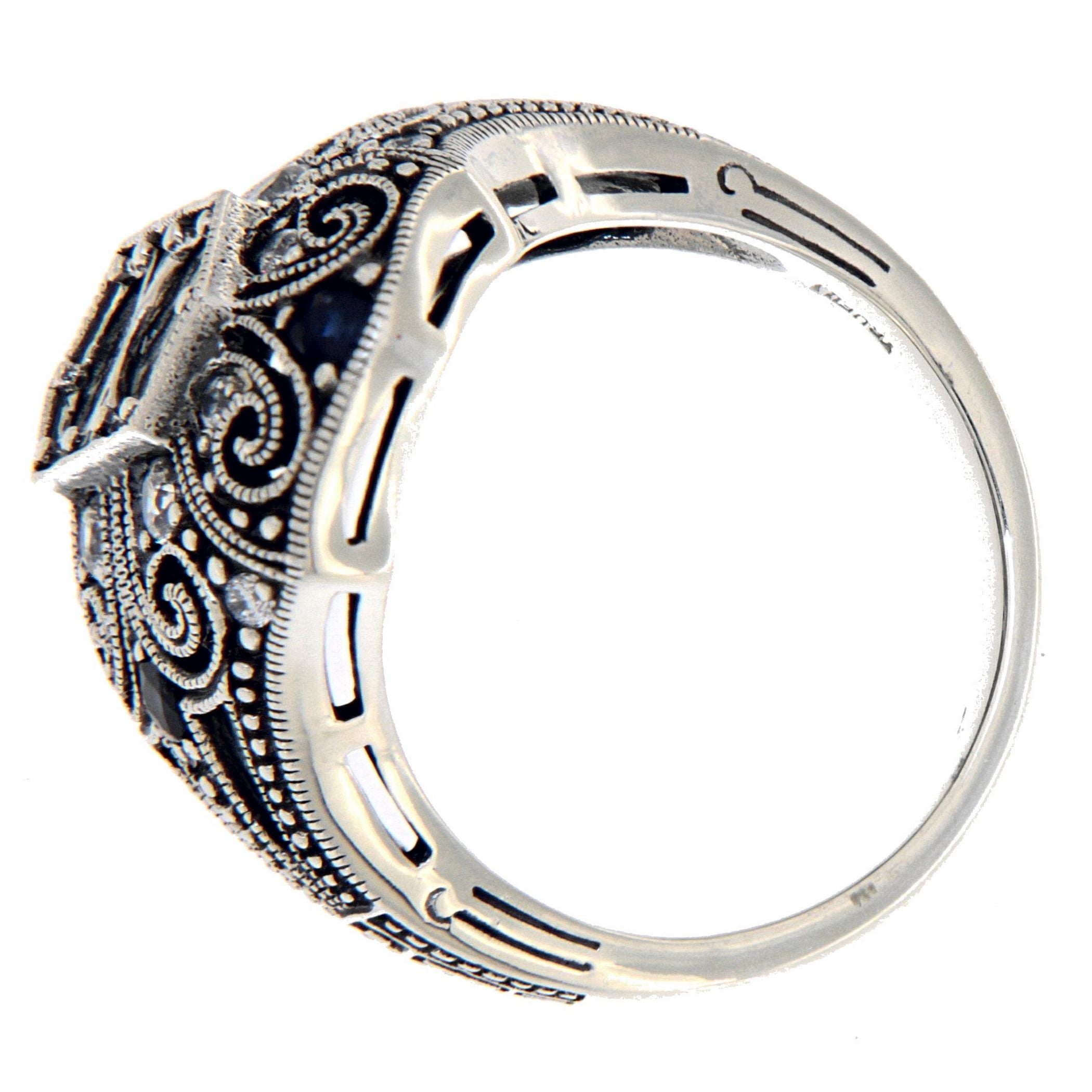 Back view of 4.5mm Semi Mount / Sapphire Filigree Ring / White Topaz showing 925 sterling silver hallmark