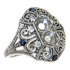 Filigree, White Topaz, Sapphire, sterling silver semi mount rings, front view