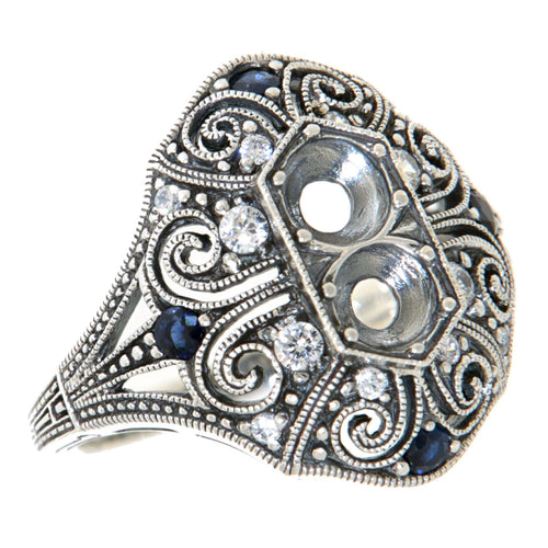 Filigree, White Topaz, Sapphire, sterling silver semi mount rings, front view
