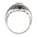 Detail view of White Topaz and Sapphire Filigree Ring - Art Deco Style highlighting White Topaz, Sapphire