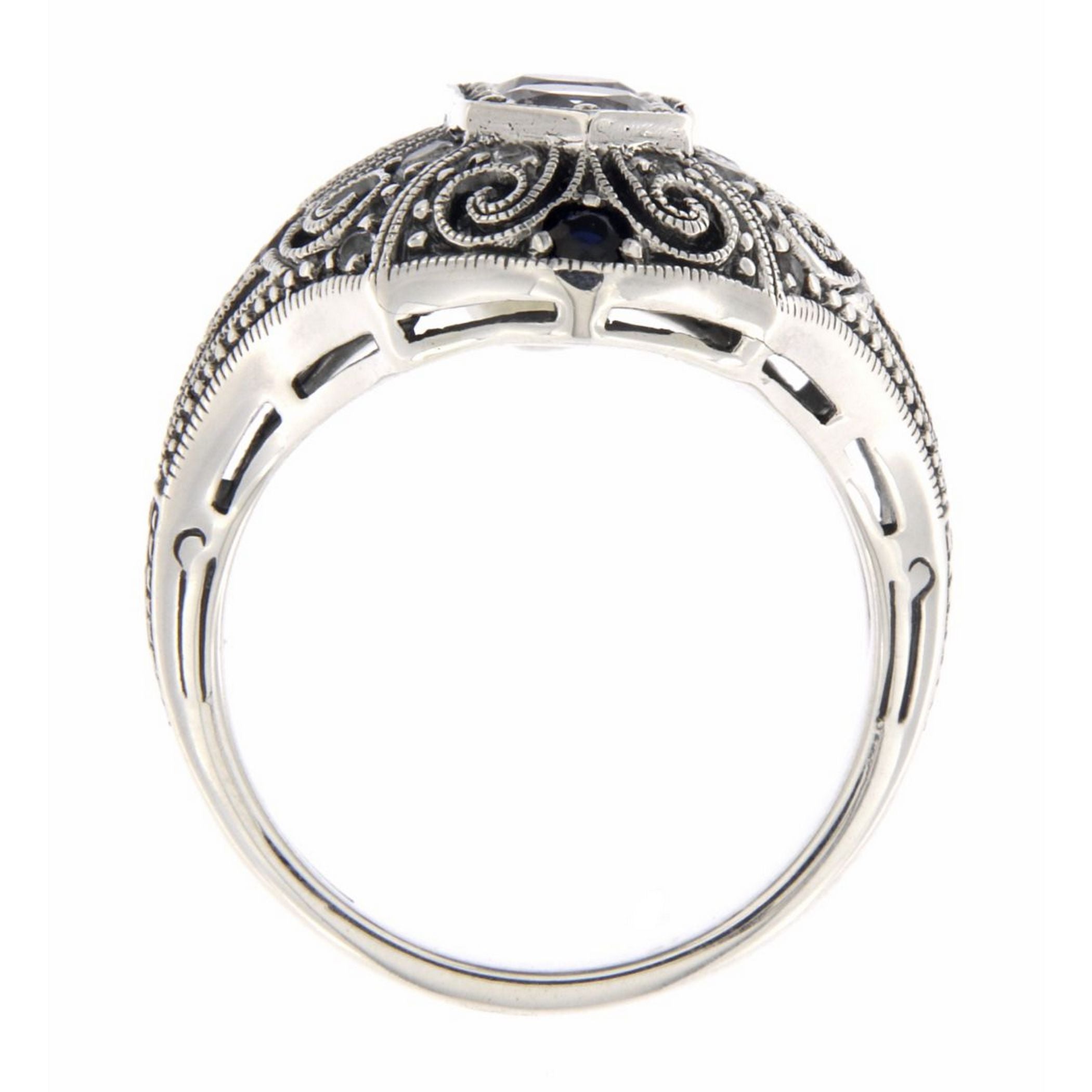 Detail view of White Topaz and Sapphire Filigree Ring - Art Deco Style highlighting White Topaz, Sapphire