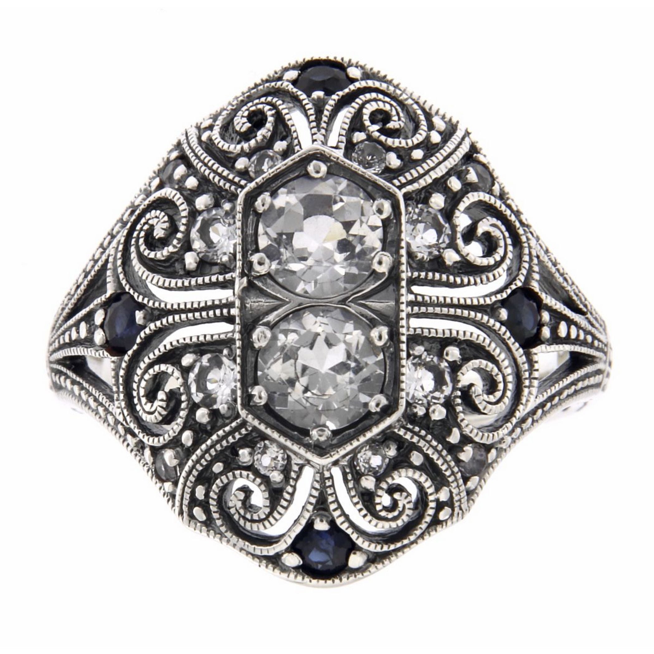 Back view of White Topaz and Sapphire Filigree Ring - Art Deco Style showing 925 sterling silver hallmark