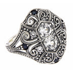 Art Deco style, White Topaz, Sapphire, sterling silver rings, front view