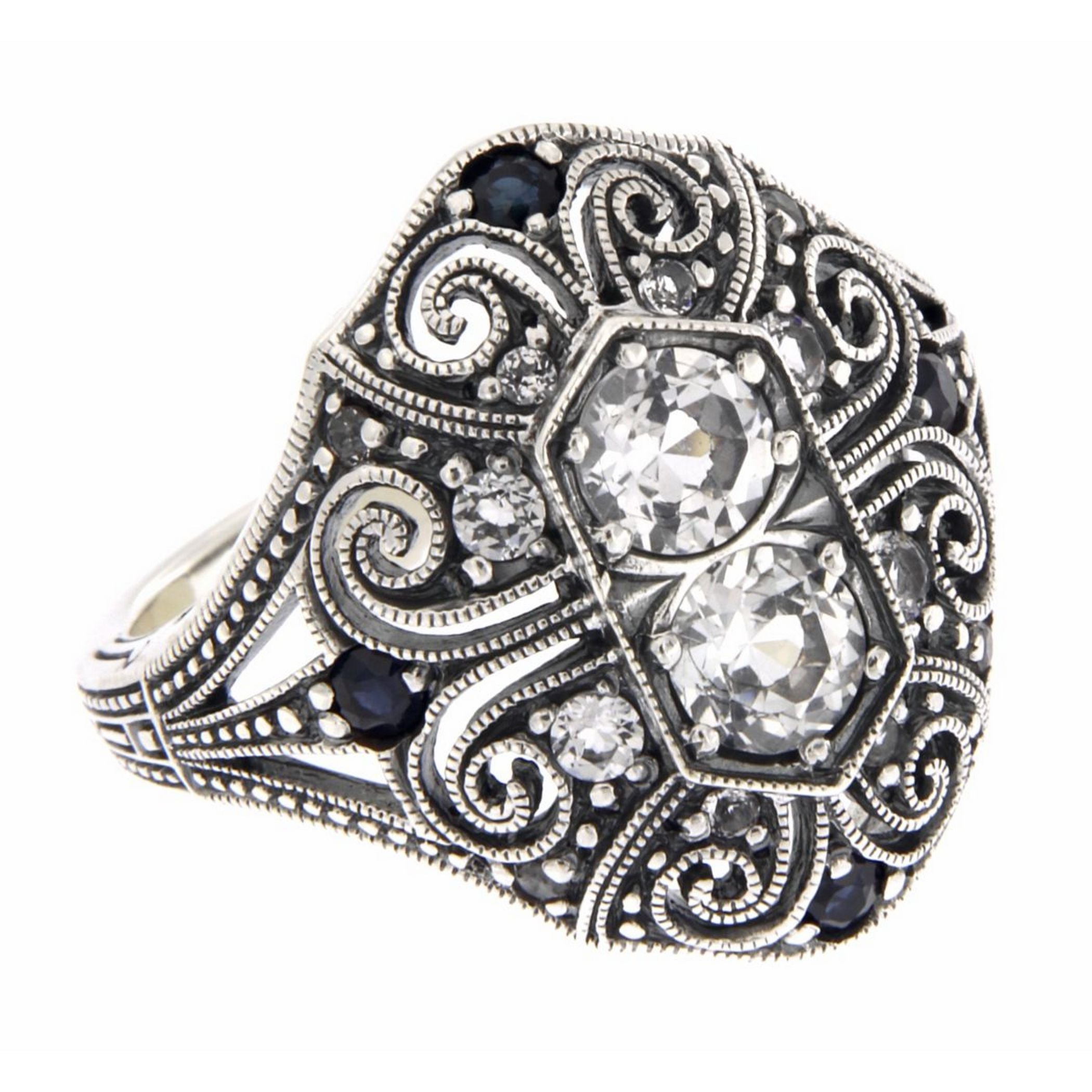Art Deco style, White Topaz, Sapphire, sterling silver rings, front view