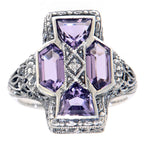 Detail view of Unique Art Deco Style Amethyst and Diamond Filigree Ring Sterling Silver highlighting Amethyst, Diamond