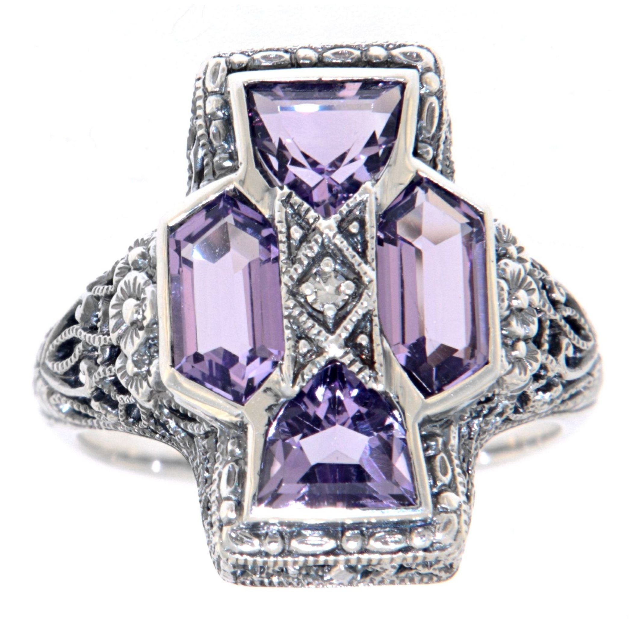 Detail view of Unique Art Deco Style Amethyst and Diamond Filigree Ring Sterling Silver highlighting Amethyst, Diamond