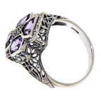 Back view of Unique Art Deco Style Amethyst and Diamond Filigree Ring Sterling Silver showing 925 sterling silver hallmark