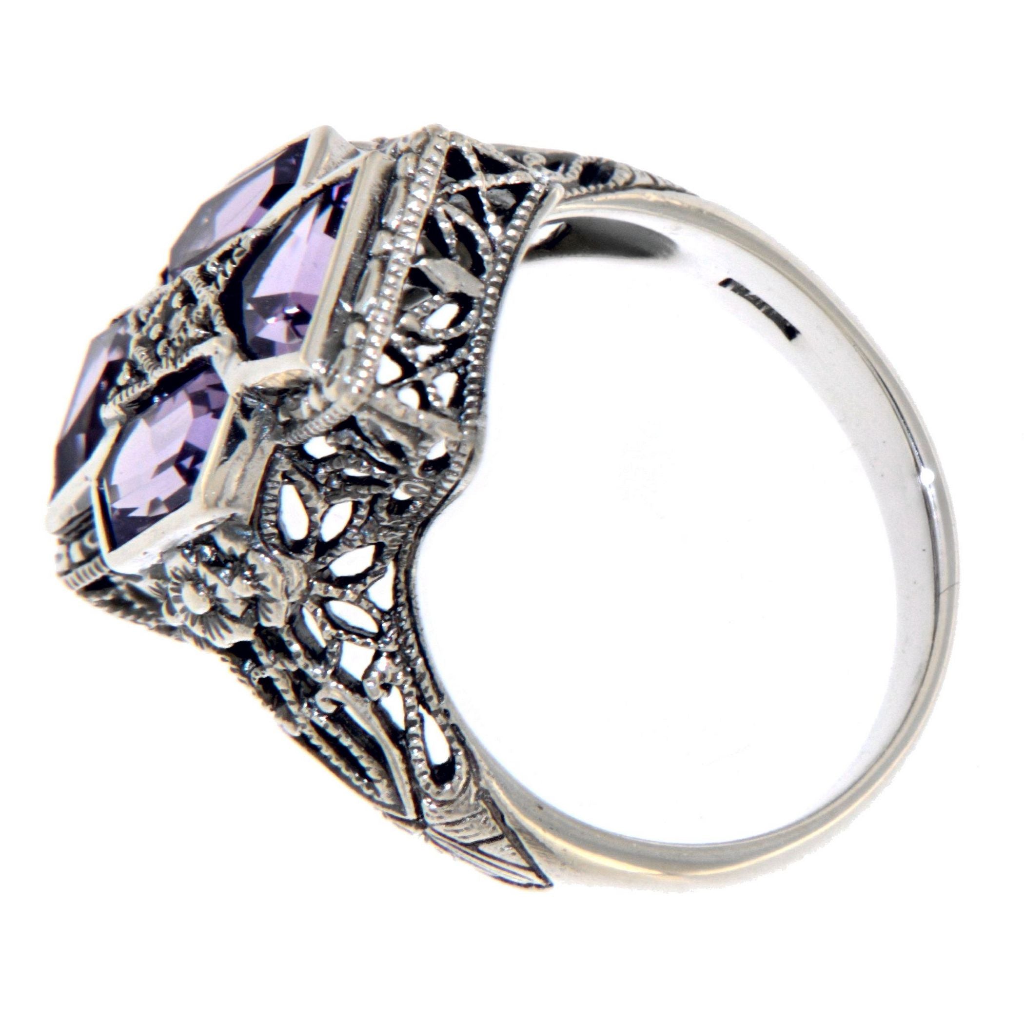 Back view of Unique Art Deco Style Amethyst and Diamond Filigree Ring Sterling Silver showing 925 sterling silver hallmark