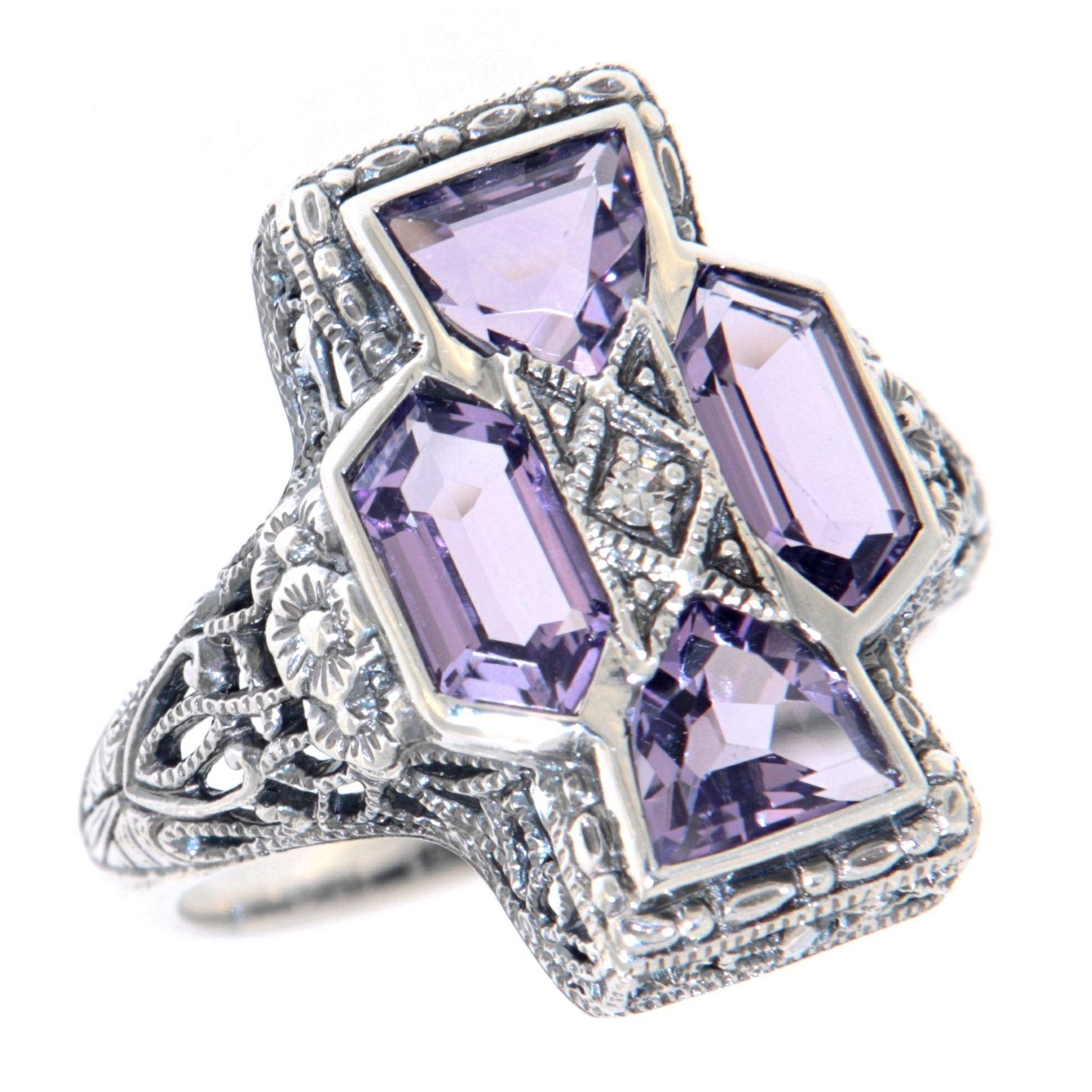 Art Deco style, Amethyst, Diamond, sterling silver rings, front view